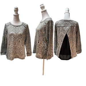 NWT Westport White, Black & Silver Print Long Sleeve Mesh Back Sweater Size M